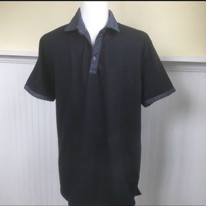 LARGE DENIM & FLOWER NAVY BLUE SHORT SLEEVE BUTTON UP TEE SHIRT